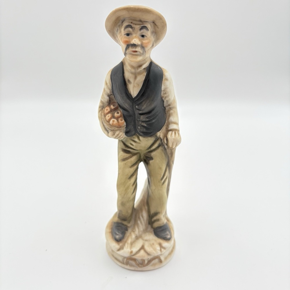Vintage 1980's Bisque Porcelain Hand Painted Old Man Holding A Basket Of Apples